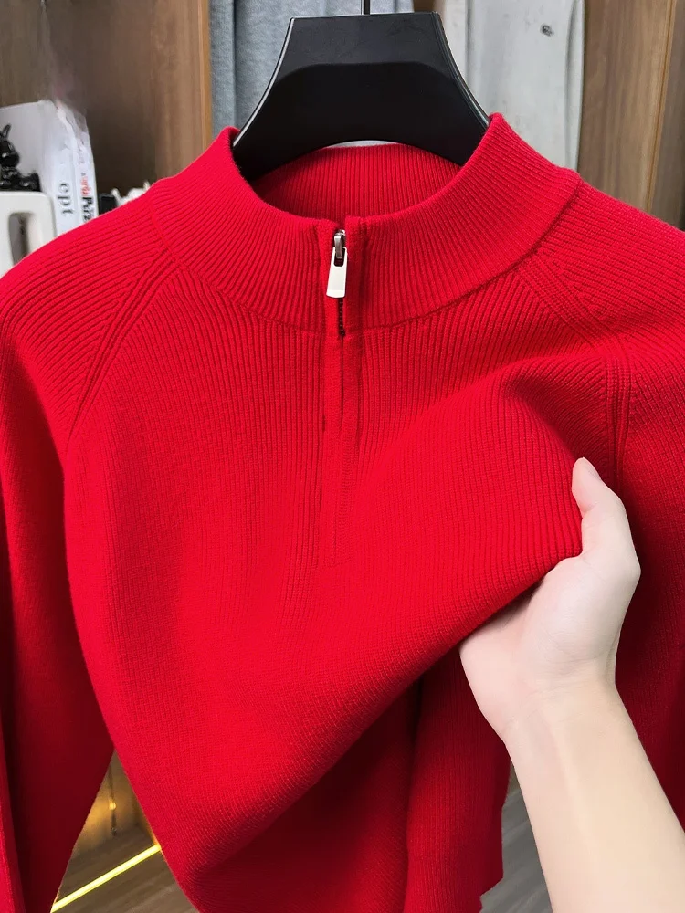 

Мужской утепленный вязаный свитер с воротником на молнии, повседневный, зимний, модный, красного цвета, для празднования Нового года