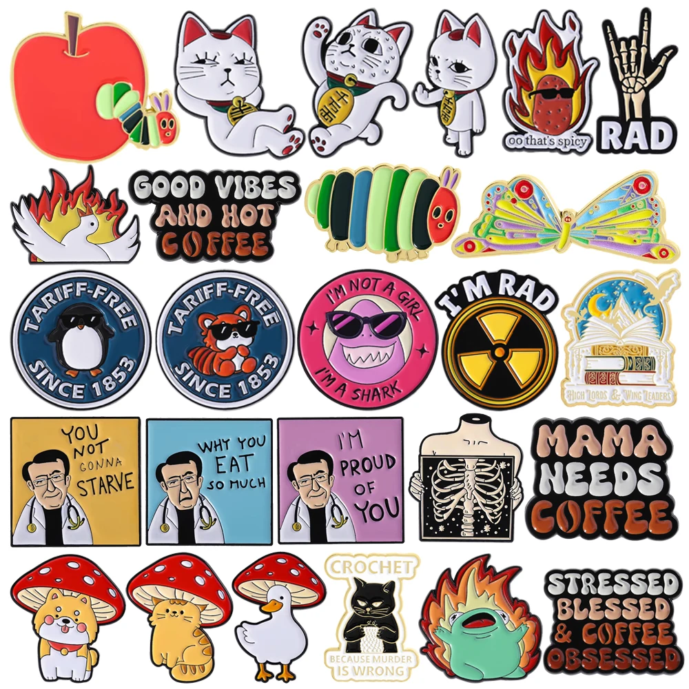 

Cartoon Anime Cat Enamel Brooch Apple Caterpillar Flame Coffee Book Doctor Skull Mushroom Shark Penguin Funny Badge Jewelry Gift