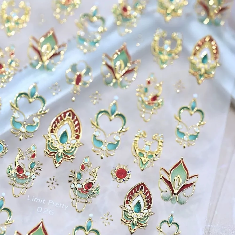 Pegatinas para decoración de uñas Dunhuang con estampado en caliente 5D, diseño de tótem de flor francesa elegante, calcomanías para uñas DIY, deslizadores de decoración de uñas de estilo chino