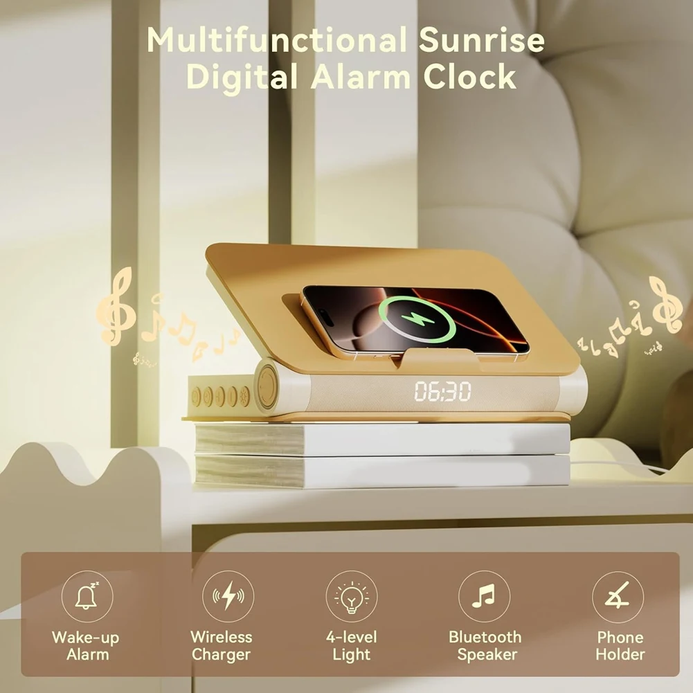 CYCLI-Wireless Book Lamp Sunrise Alarm Clocks 16-Level Volume Loud For Heavy Sleepers Adults Wake-Up Light With Snooze Function