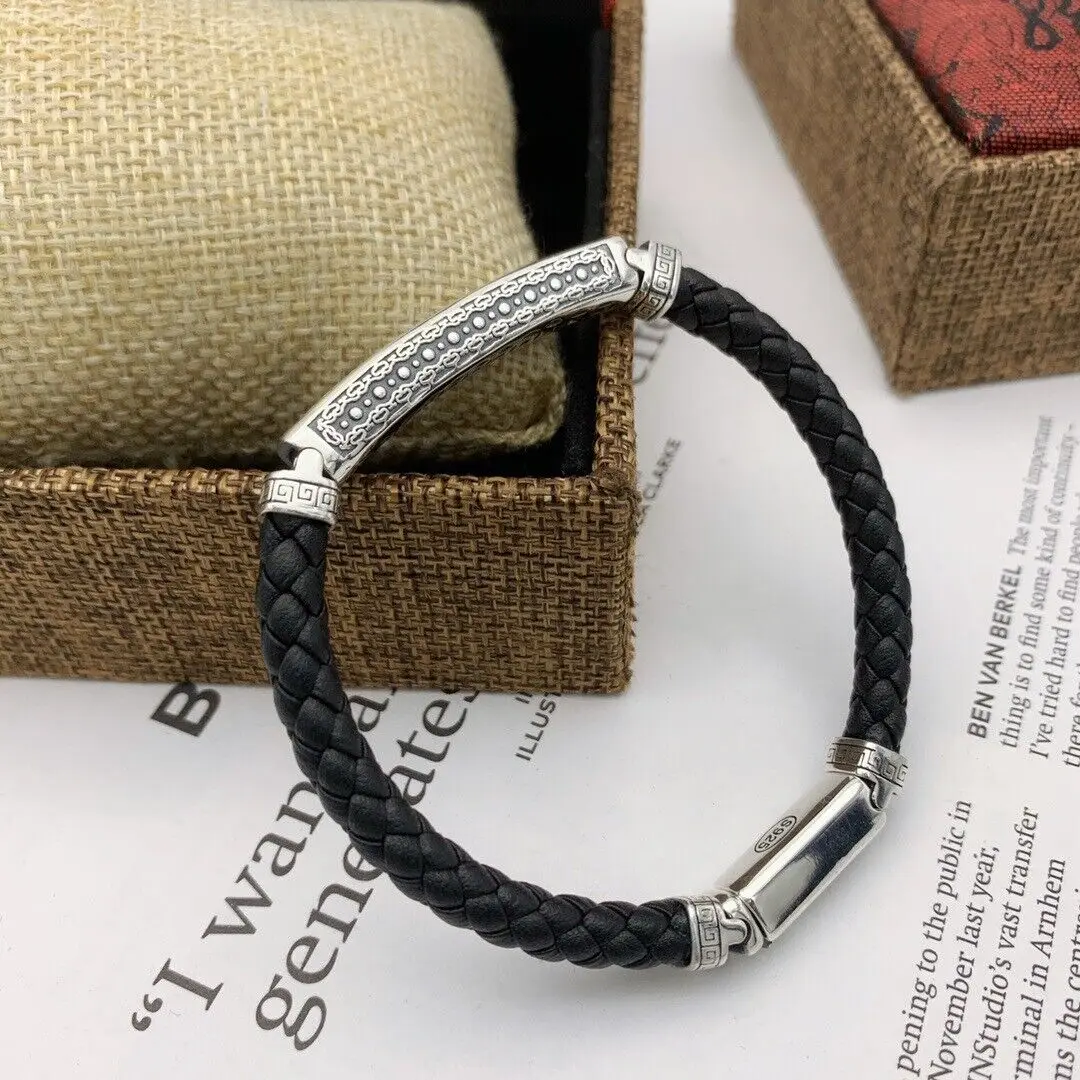 

Real 925 Sterling Silver Bracelet Long ID With Wheat Leather Bracelet 7.09inch