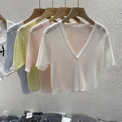 2024 Summer Female Clothes Solid Color Single-breasted V-neck Cardigans Thin Woman Sweater Cool Ladies' Shirts