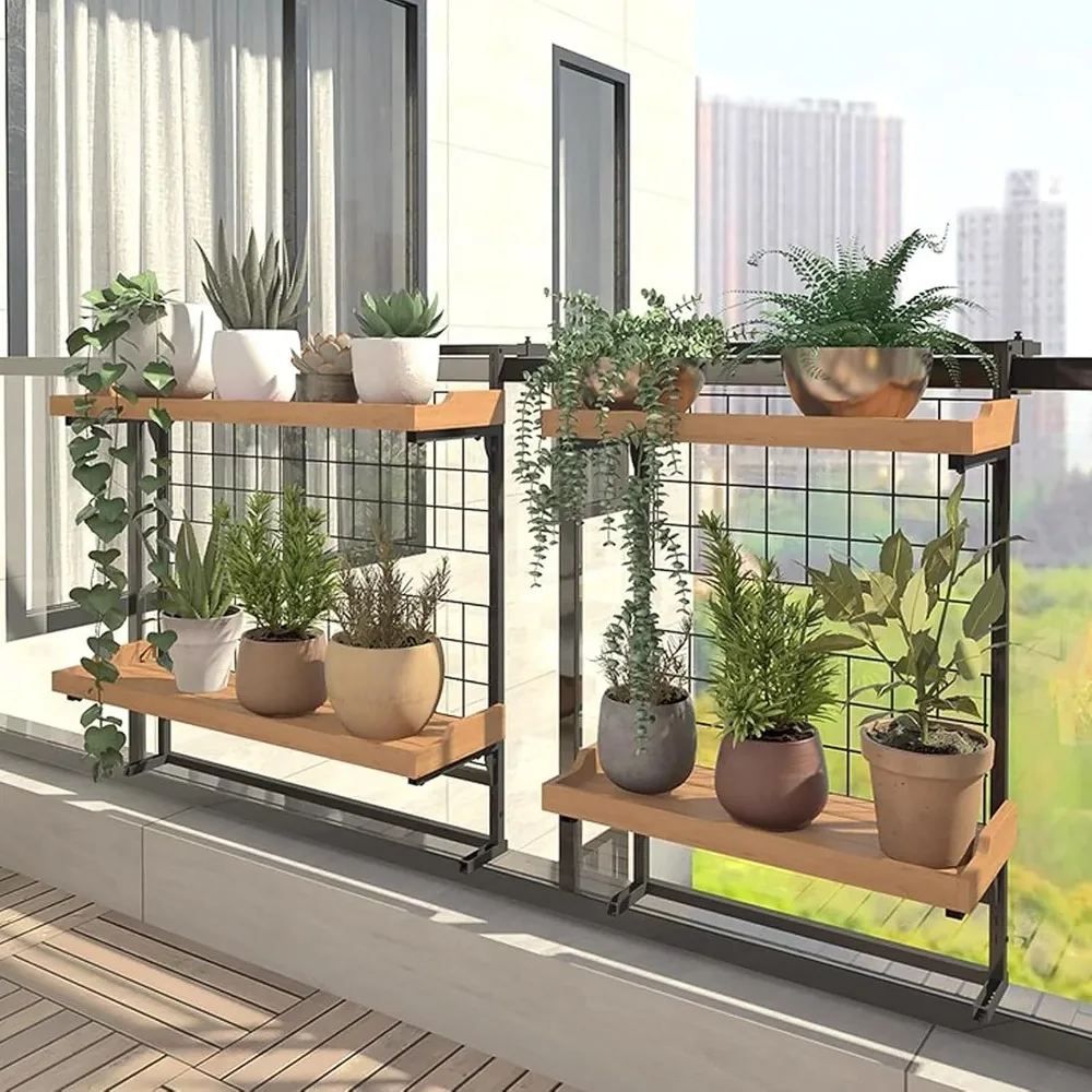 

2-Tier Hanging Railing Plant Holder, Balcony Flower Pot Display Holder with Adjustable Hooks, Set of 2 Metal Hanging Plant Shelf