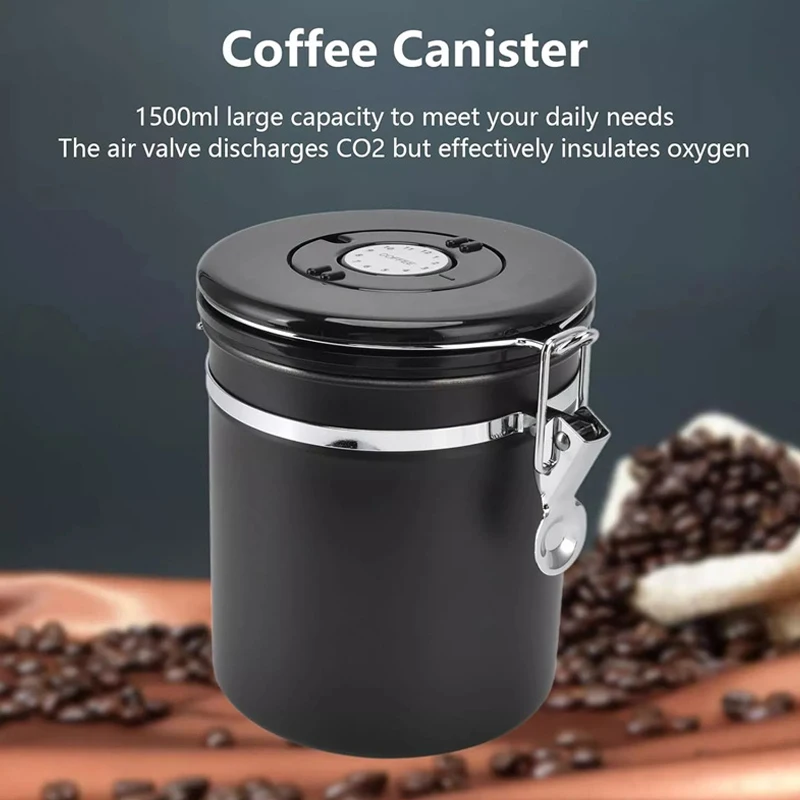 Contenedor de café hermético de acero inoxidable de 1,5 l con cuchara, perfecto para granos de café o té, contenedor de almacenamiento de alimentos