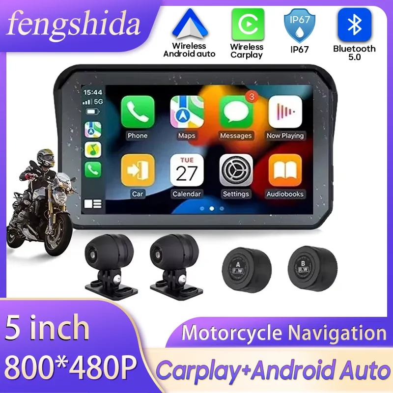 

5 inch Motorcycles Navigation GPS DVR Wireless CarPlay Android Auto Portable Smart Display IPX7 Waterproof HD Recording Camera