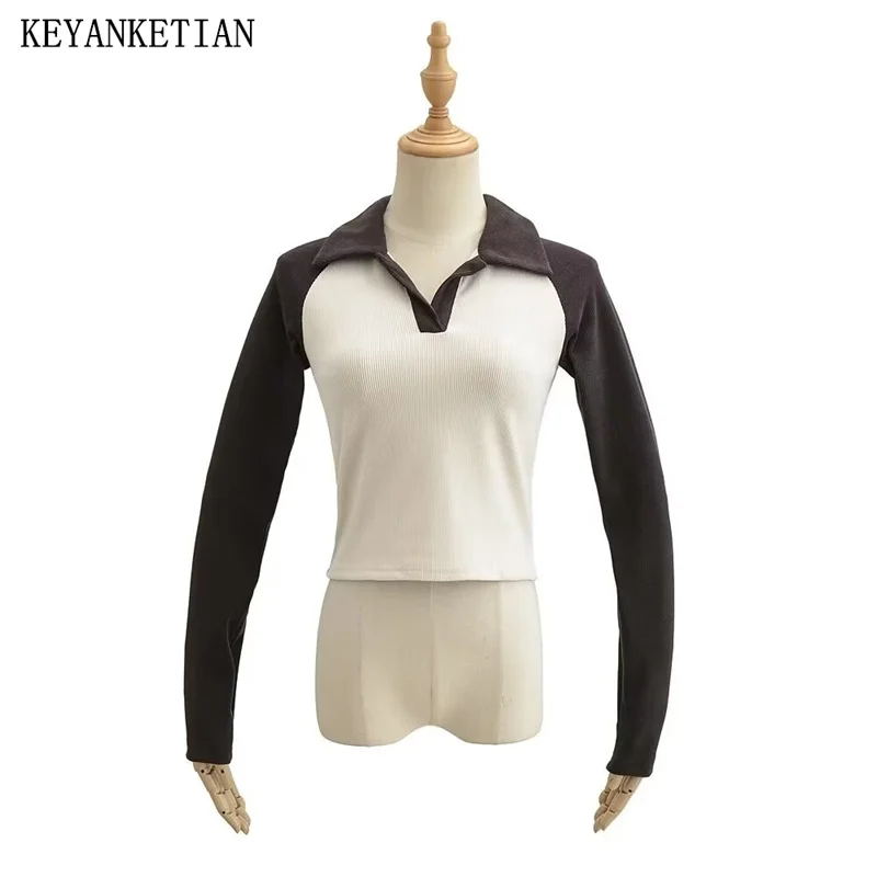 

KEYANKETIAN 2024 New Launch Women's Contrast Color POLO Collar Knit T-shirt American Retro Long-Sleeved Slim-Fit Short Top Tees