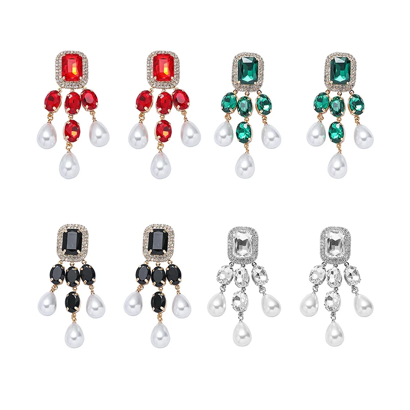 الأوروبية والأمريكية مبالغ فيها سلسلة هندسية تقليد اللؤلؤ الملونة كريستال كبير أقراط فستان العشاء كل مباراة