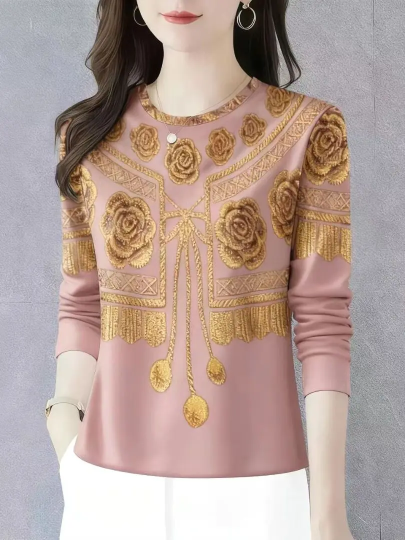 Fashionable Long Sleeve Printed Base Layer Top Autumn Winter New Style 2025 Cover Belly Retro Trendy Small Shirt Ladies T-shirt