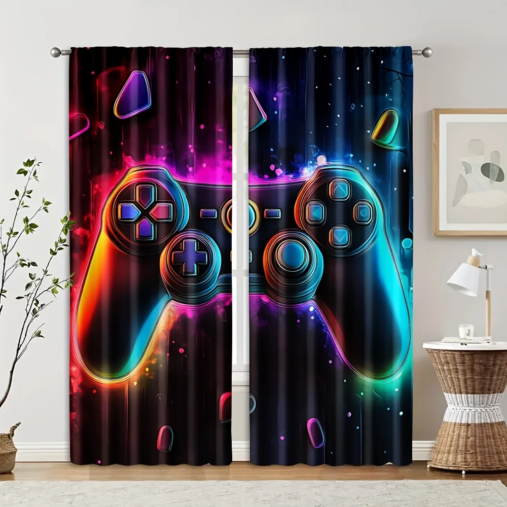 2PC Colorful Game Controller Geometric Pattern Polyester Curtains Machine Washable for Bedroom Living Room Home Decor