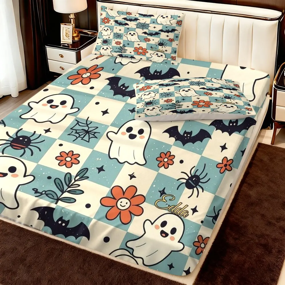 3-Piece Mattress Protector Set, 2D Flat Printed Fitted Sheet, Halloween Bat Spider Web Fitted Sheet Set, Colorful Bedding, Mattress Protector