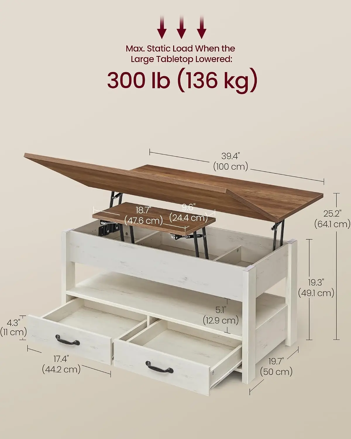 Coffee Table Lift Top, 3 in 1 Center Table with Storage, Gas Spring, 2 Drawers and 3 Hidden Compartments, Open Shelf, for Living Room, Home Office, Honey Brown and Rustic White ULCT254W01