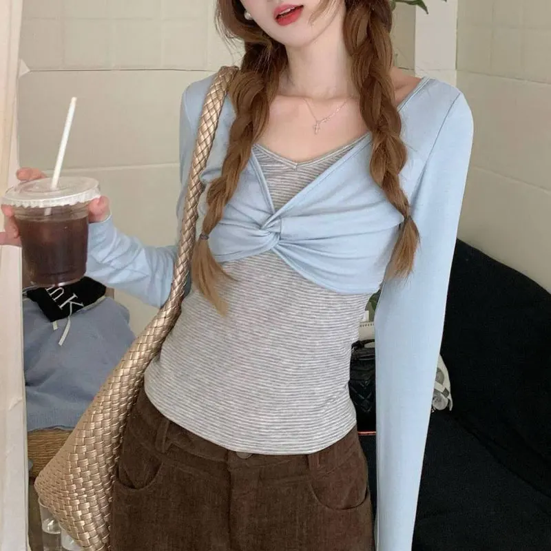 Korean Stripe Two Pieces Patchwork T-shirts Women Slim Fit V Neck Fashion Twist Front Tops Autumn Short Casual Pullovers