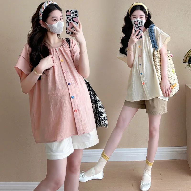 Atasan Kemeja Boneka Manis Lengan Gelembung Longgar Korea Musim Panas Hamil 2025, Celana Pendek Penyangga Pinggang Set Dua Potong