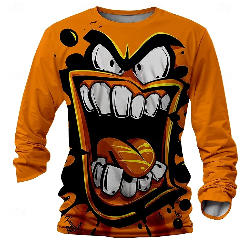 

3D Printed Anime Expression Pattern T-Shirts Autumn Daily Long Sleeve Round Neck Tees Loose Stylish Creative Design Male Clothes