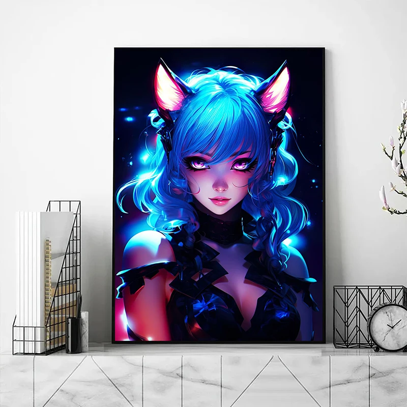 Pop Neon Elements Anime Cat Ears Girl Portrait Creative Posters Prints Canvas Printing Wall Art Picture for Bedroom Home Decor