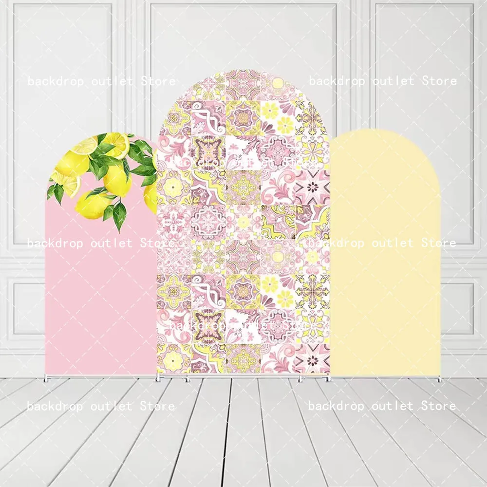 Mehofond 2-Sided Arch Backdrop Cover Mediterranean Lemon Pink Tile Kids Birthday Party Wedding Chiara Arched Background Decor