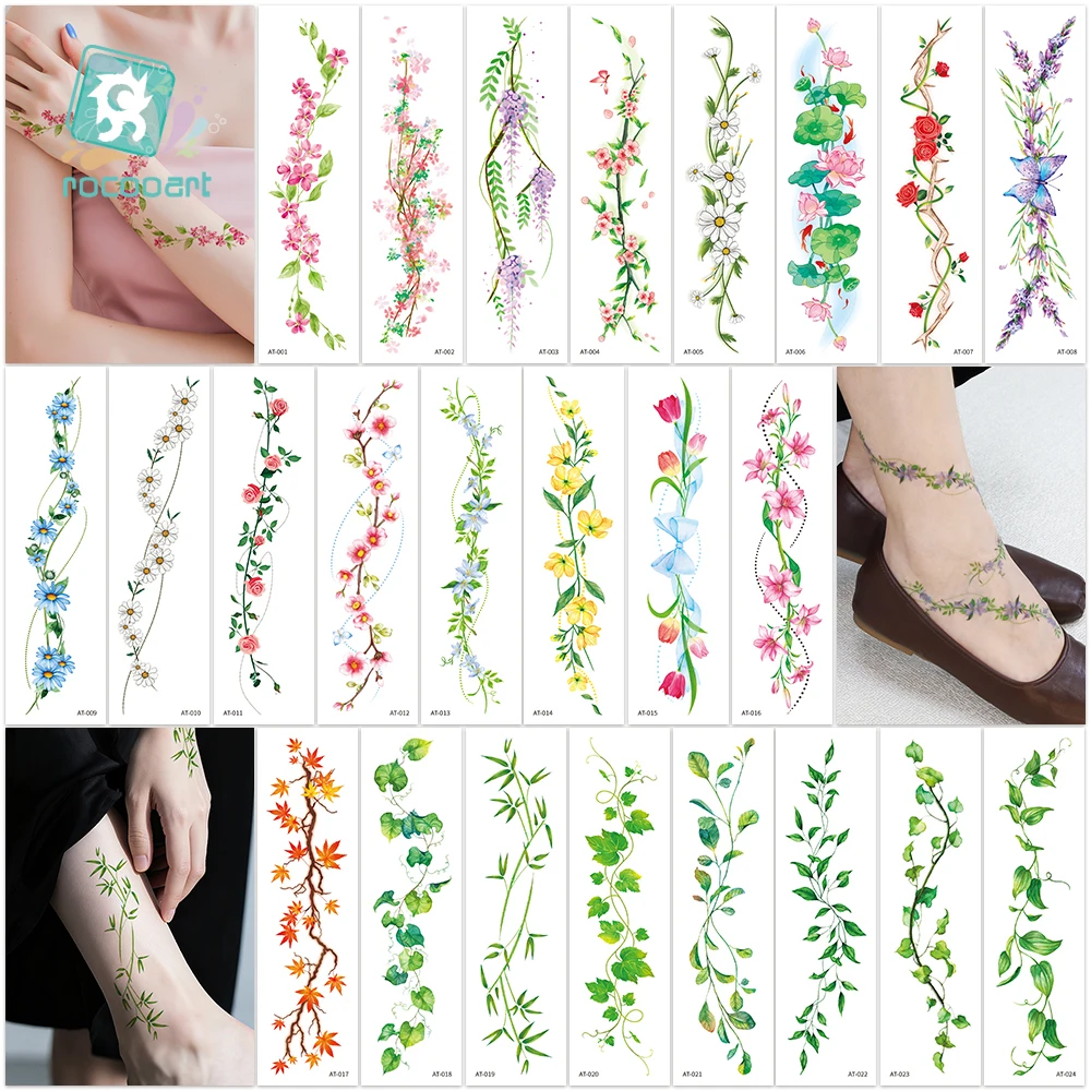 2PCS Flower Temporary Tattoos for Women Colorful Realistic Removable Stickers for Waist Arm Hands Sexy Fake Tattoo for Ladies
