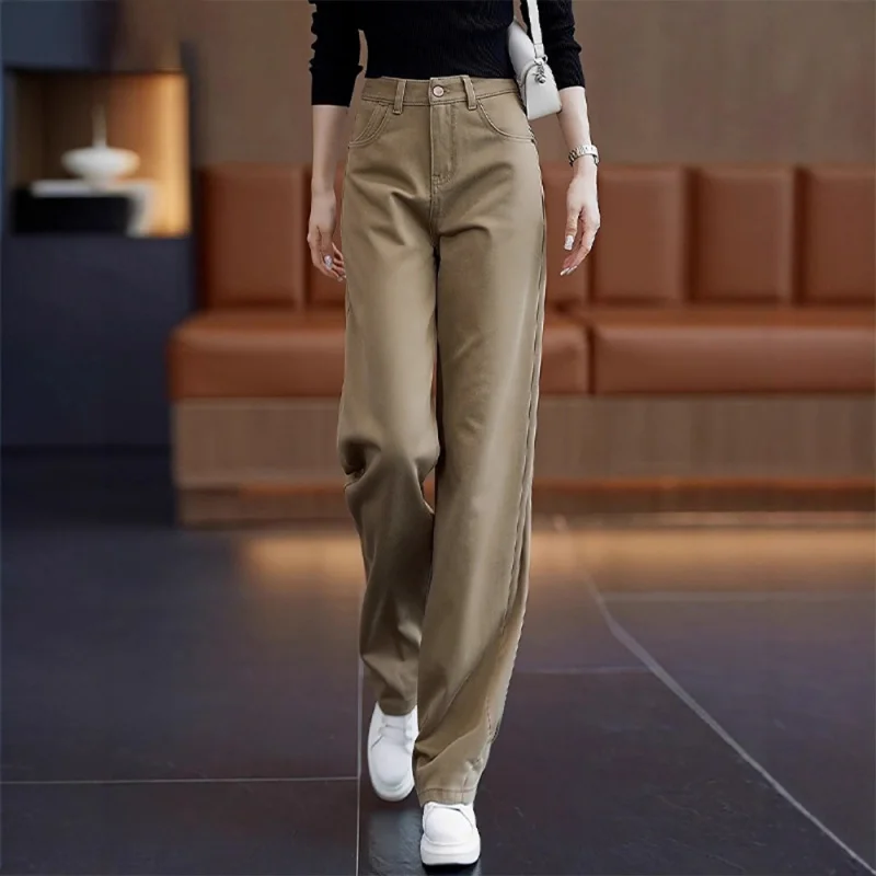 

Khaki Pants for Women, Spring and Autumn High Waist Pure Cotton Soft Denim Wide Leg Pants, Loose Slimming Straight Pants