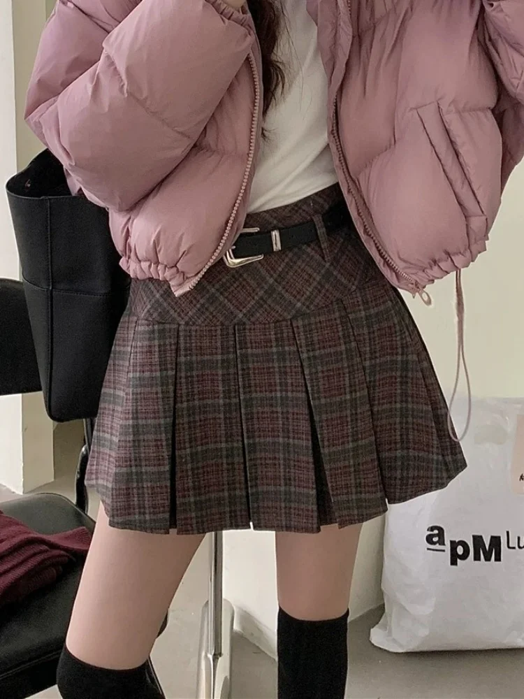 Outono inverno xadrez mini saia com shorts embutidos com cinto de lã grossa boxy plissado saia xadrez feminino adolescente-menina roupa formal
