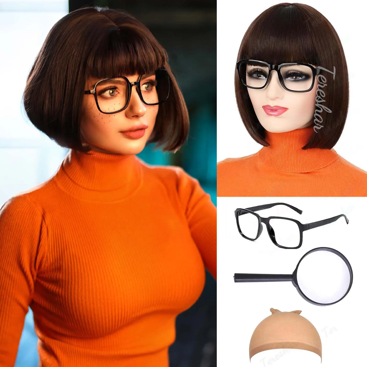 

Synthetic Brown Bob Wig+Glasses+Magnifying Glass Velma Wigs,Orange Long Curly Wig+Purple Headband Daphne Wig for Party Halloween
