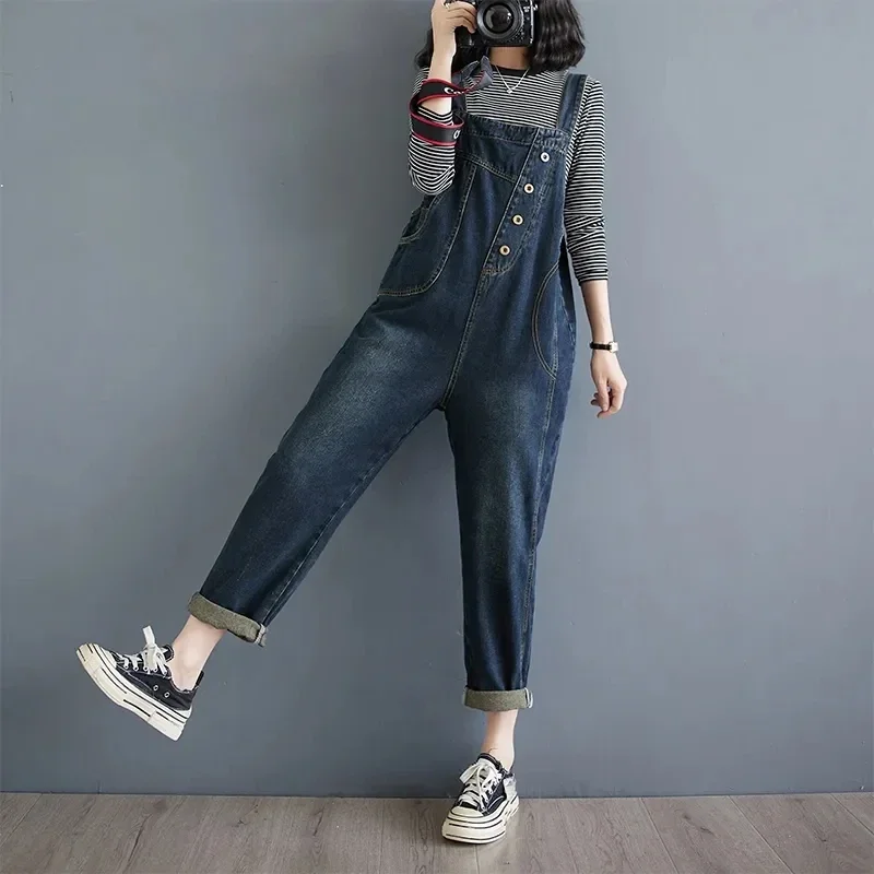 2024 Autumn Streetwear Women's Denim Jumpsuit Casual Loose Wide Leg Dungarees Pockets Straps Cargo Baggy Pants Jeans Overalls