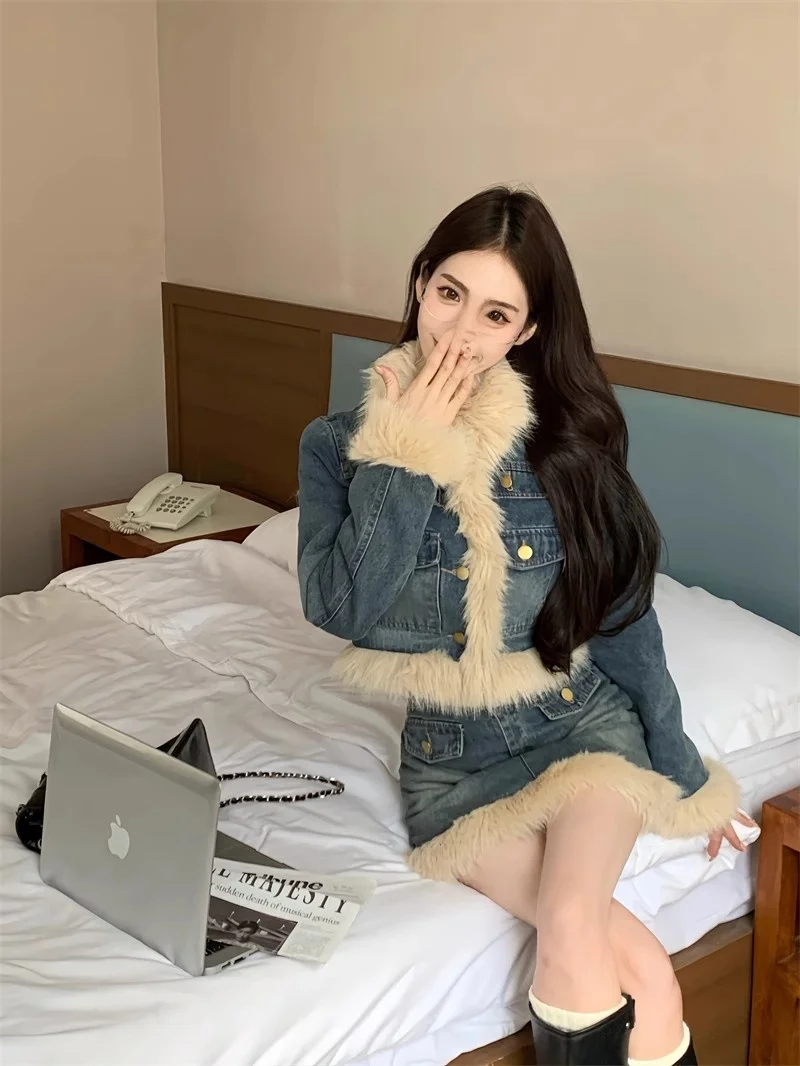 Younger Looking Retro Slimming Waist Denim Set Short Jacket Sexy Half-length Skirt Two-piece Set Small Fragrance Style