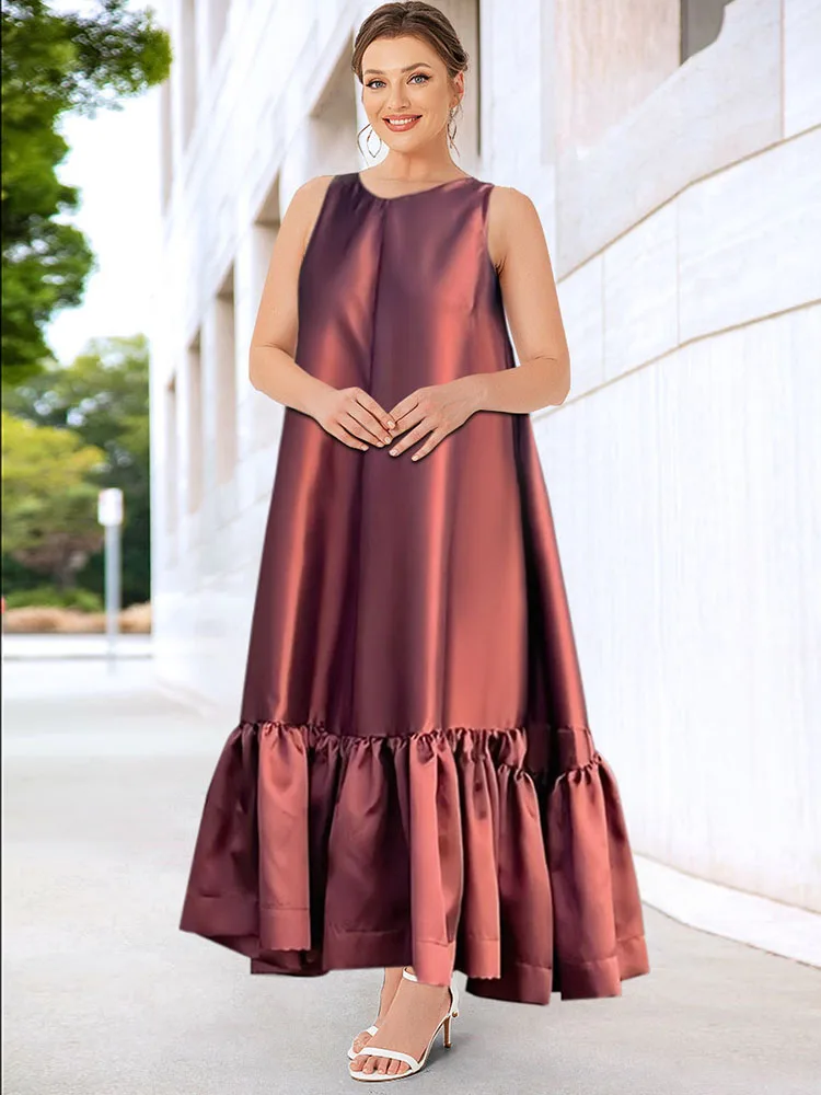 

PLUS SIZE O-Neck Ruffled Hem Mini Dresses Casual Commute Sleeveless Fashion A-line Robes Woman Satin Afican Summer Sundress