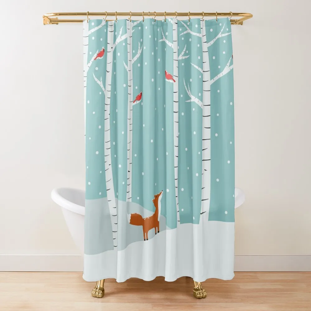 

Fox Cardinals Trees Winter Shower Curtain Shower For Bathroom Set Washable Waterproof Fabric Shower Bathroom Curtain