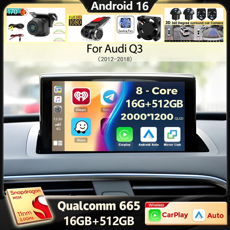 Android 16 Wireless CarPlay Auto Car Radio For Audi Q3 2012-2018 DSP Multimedia Video Player GPS Stereo Autoradio Head Unit WIFI