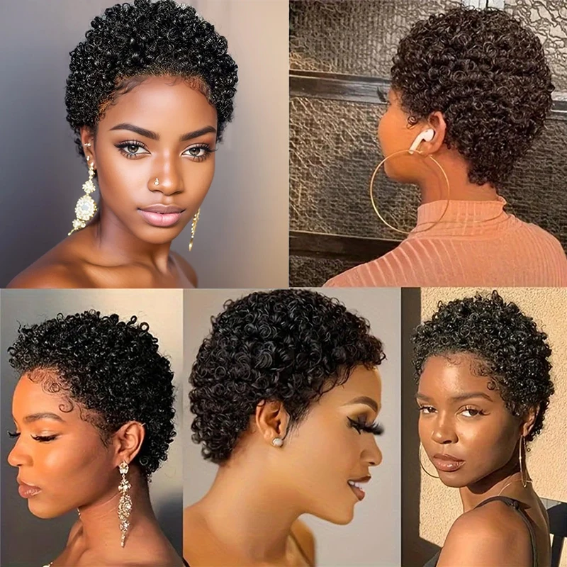 Short Afro Curly Wigs Colored Human Hair Wigs For Women Full Machine African Kinky Curly Wig With Bangs Brazilian Remy Hair