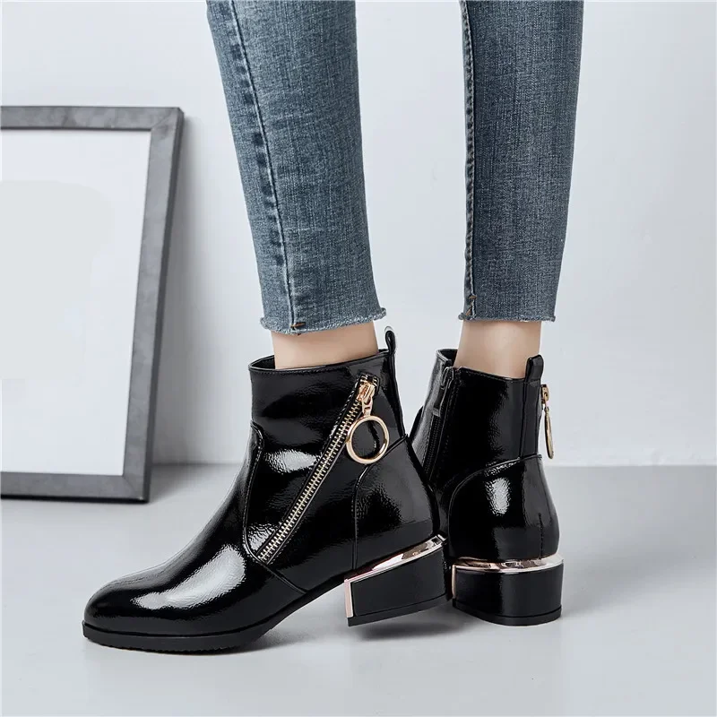 Fashion Pu Patent Leather Ankle Booties 2024 Woman Blue Black Wine Red Zipper Medium Chunky Heels Ladies Shoes Plus Size