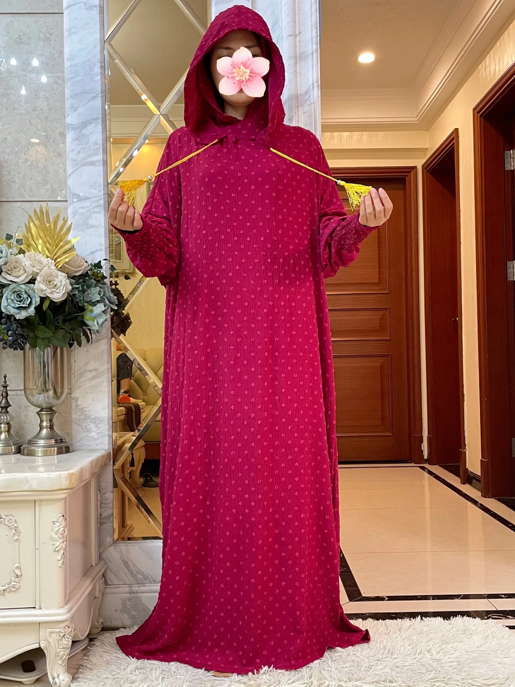 New Ramadan Muslim Two Hats Abaya Dubai Turkey Islam Prayer Clothes Cotton Jacquard Fabric  Dresses Islam Women Dress Kaftan