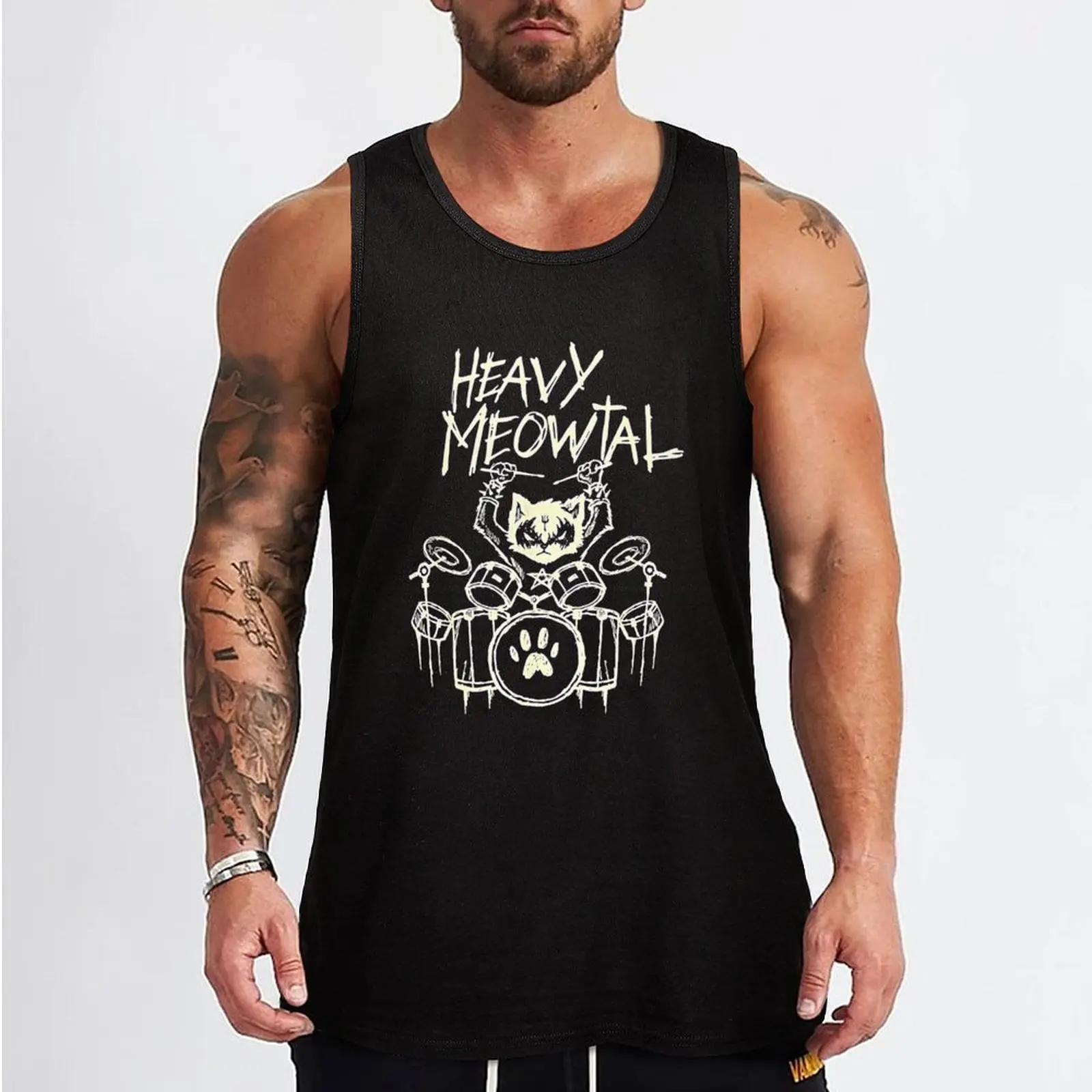 Heavy Meowtal Headbanger Gift Drummer Tank Top Gym wear Top Men's tops Men's singlets