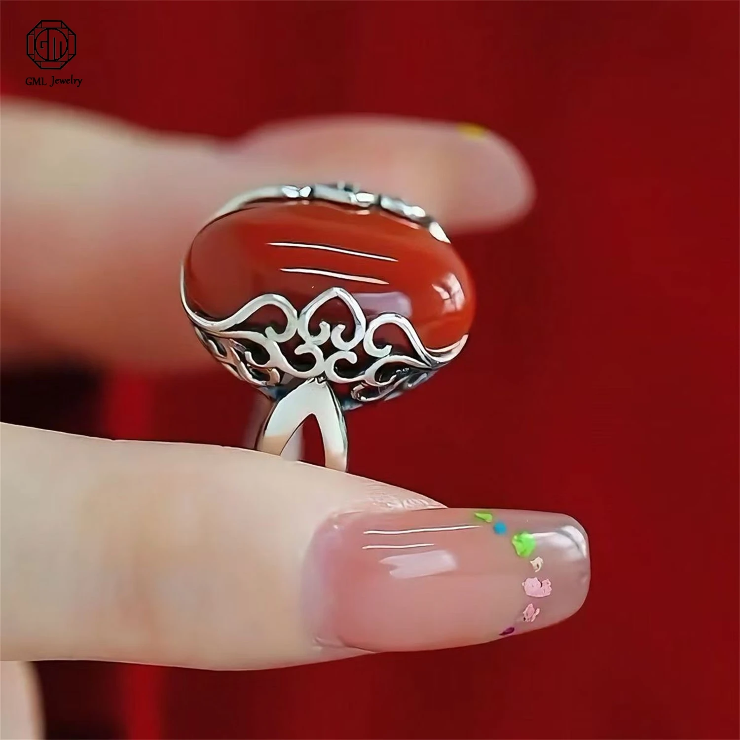 New Chinese Style Adjustable Open Ring Women S925 Sterling Silver Nanhong Agate Oval Cabochon Auspicious Cloud Vintage Gift Mom