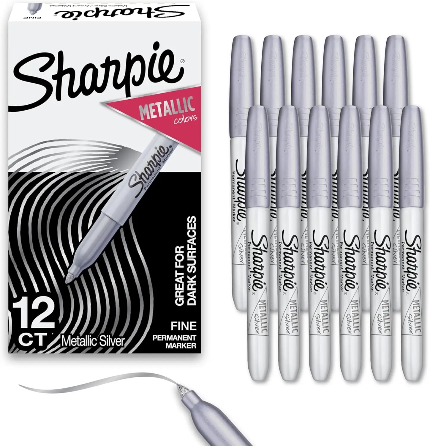 

Metallic Permanent Markers, Fine Tip Silver, 12-Pack for Dark Surfaces & Crafts