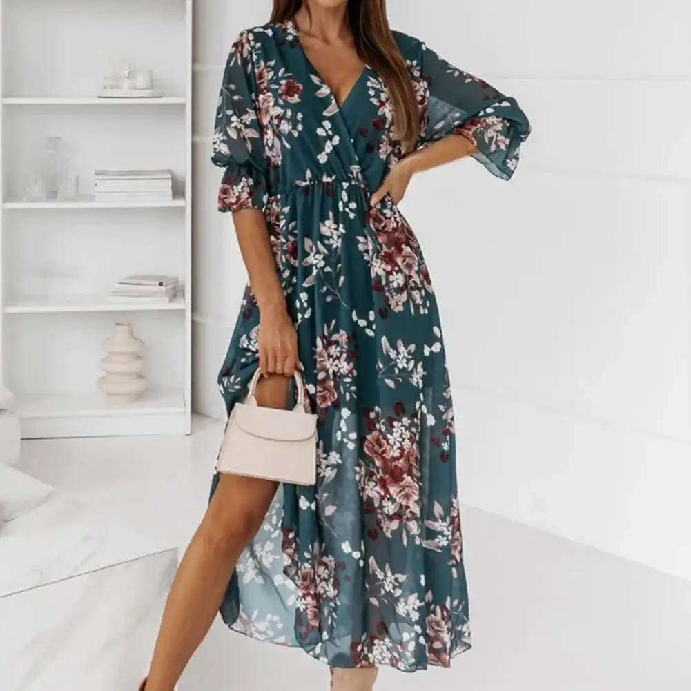 

Women Chiffon Dress Floral Deep V Neck Spring Dress Summer Casual Beach Dresses For Women Mid Long Sun Dress Summer Dresses