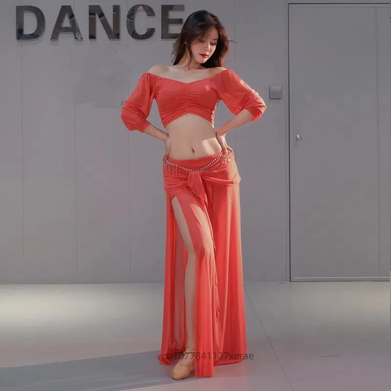 2025 新しいベリーダンス大きいサイズメッシュ練習ドレスセット、オリエンタルダンスパフォーマンスドレス、ステージパフォーマンス女性