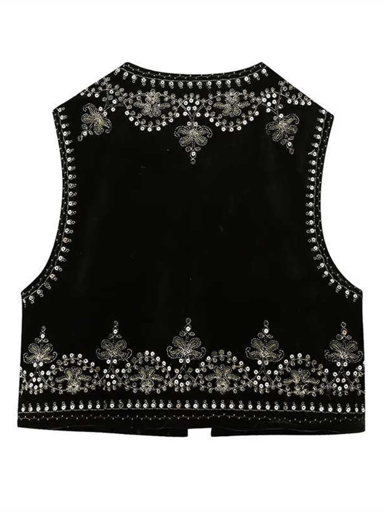 Spring Autumn Ethnic Style Women's Sequined Short Velvet Vest Cardigan Top European American Travel Outfit Vest D68