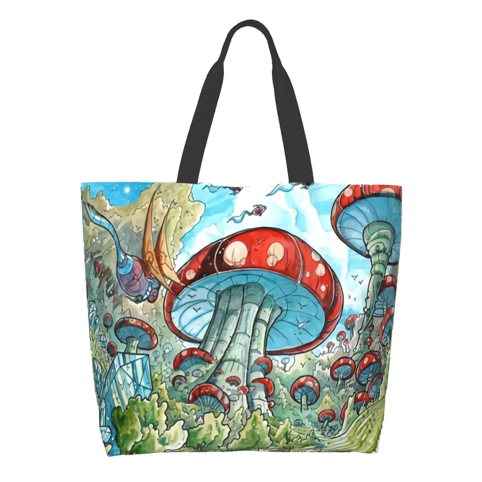 Trippy Mushroom Fantasy Magic Psychedelic Mushroom Trip Art Canvas Tote Bag for Women Weekend Kitchen Grocery Bag