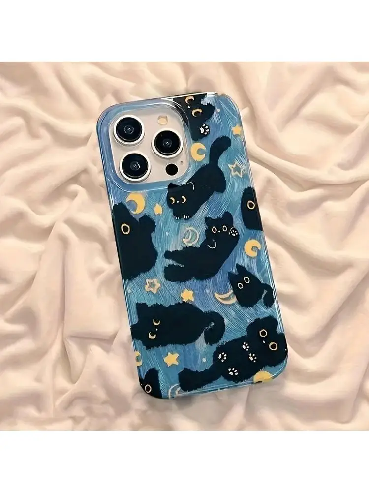 Etui na telefon iPhone 18 17 Pro Max 17E 16E 16 15 14 13 12 11 XS XR 7 8 Plus z motywem księżyca, gwiazd i czarnych kotów, silikonowe etui. — 2