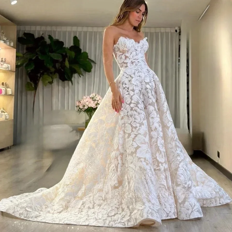 Luxuriöse Boho-Spitze-Hochzeitskleider aus der Schulter, Robe Mariee, maßgeschneidert, 2025, glitzernde Brautkleider, Vestido De Novia