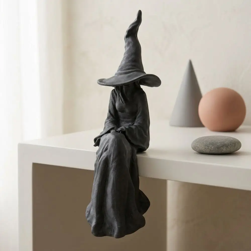 3D Printed Halloween Sitting Witch Figurine Gothic Plastic Mystery Witch Ornament Dark Style Break-Resistant