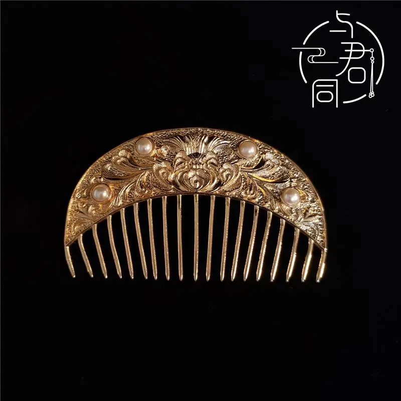 Golden Peony Pattern Hair Comb Tang Style Lady Figure Headwear Hair Comb Dunhuang Style Donor Hair Wedding