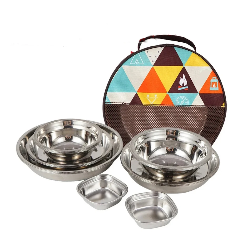 

22Pcs Tableware Family Pack Camping Cookware Kits Stainless Steel Plates and Bowls with Storage Bag Outdoor Cooking Tableware