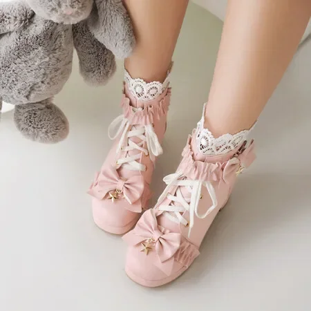 Vintage Girls Japanese Lolita Ankle Boots Women Cute Bow Princess Shoes Ladies Square Heel Uniform Colsplay Party Shoes White