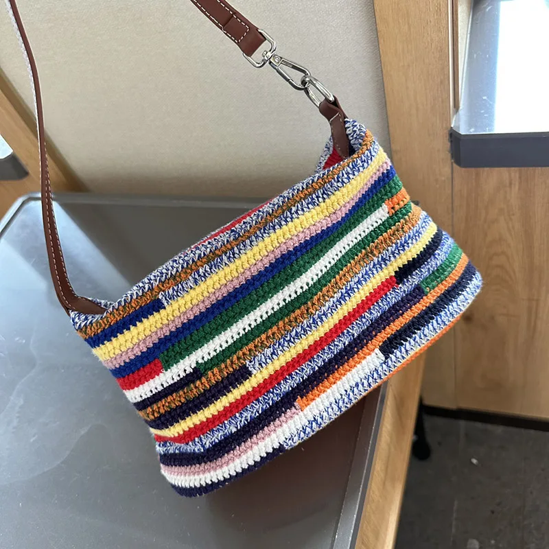 Brand Rainbow Colorful Handmade Straw Bag for Women 2024 New Female Handbag Summer Girls Shoulder Bag Beach Tote Bag