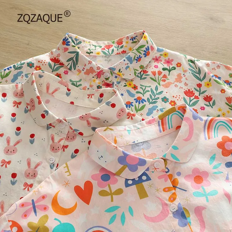Camisa solta de algodão feminino, Tops de manga comprida, estampa floral, coelho, padrão arco-íris, boa qualidade, novo, primavera, outono, SY2668
