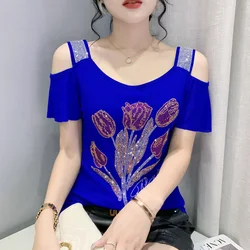 Summer New Hot Diamonds Women T-shirt High Quality Short Sleeve Sexy Off Shoulder Tops Drilling Lady Shirt