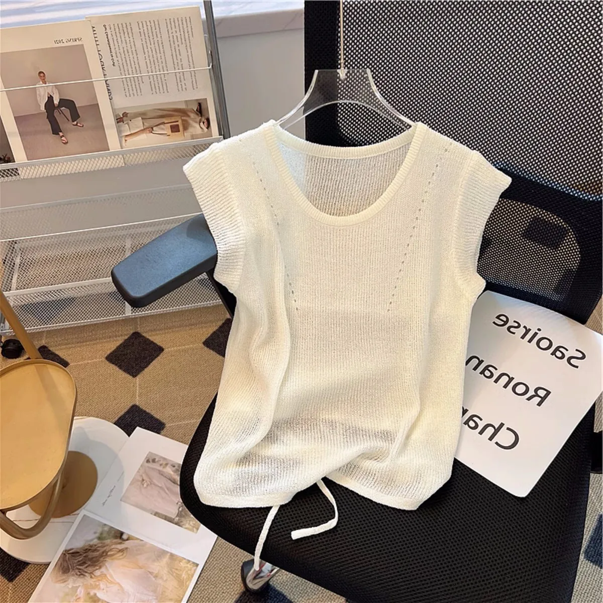 

Slim Fit Knitted Vest Women's Summer Thin Back Belted Waist Cinching Trendy Top Quality Brand Label Removed Ladies' Commute S...