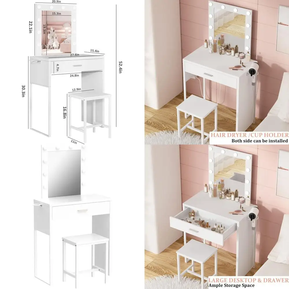 

Компактный туалетный столик с зеркалом и подсветкой, белый набор с креслом, регулируемый стол для макияжа для девичьей спальни